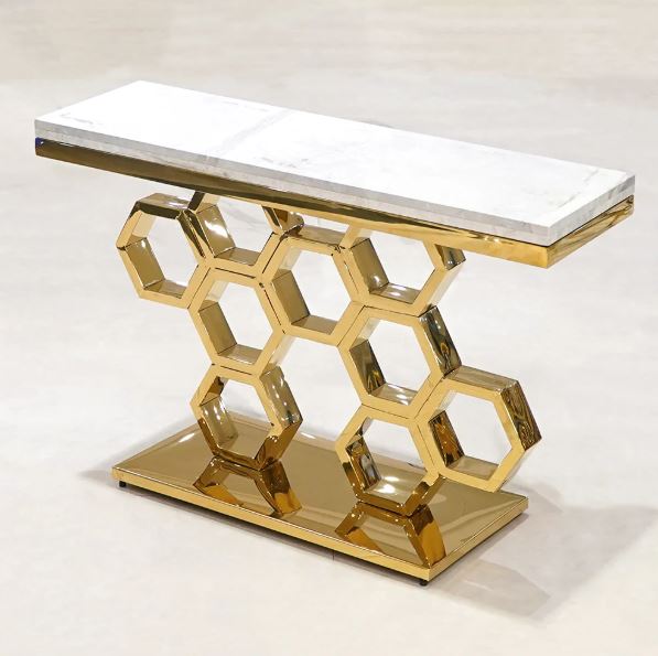 Honeycomb Console-White Marble Top Table