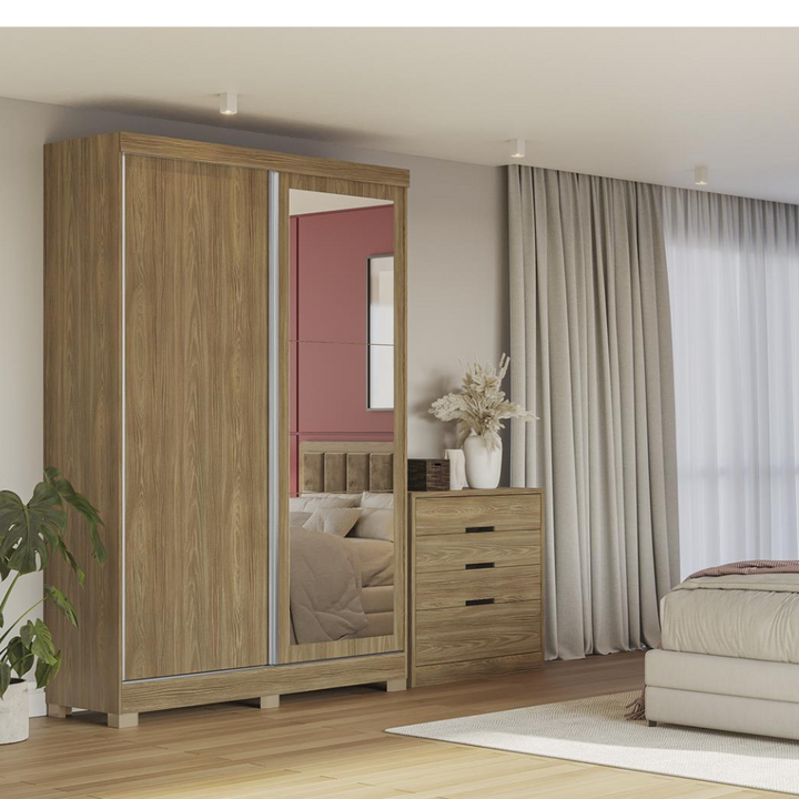 Mivada 2 Sliding Door With Mirror Wardrobe White And Walnut